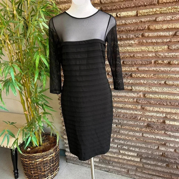 Tadashi Collection Black Illusion Mesh Yoke Pleated Matte Jersey Formal Dress - Picture 1 of 9